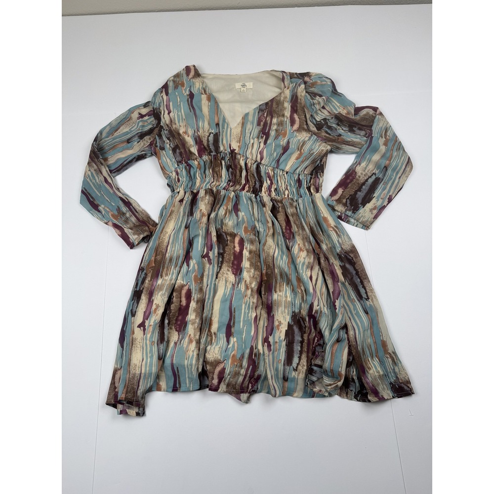 Entro Dress Womens Large Abstract Print Long Sleeve Boho A-Line Blue D17492